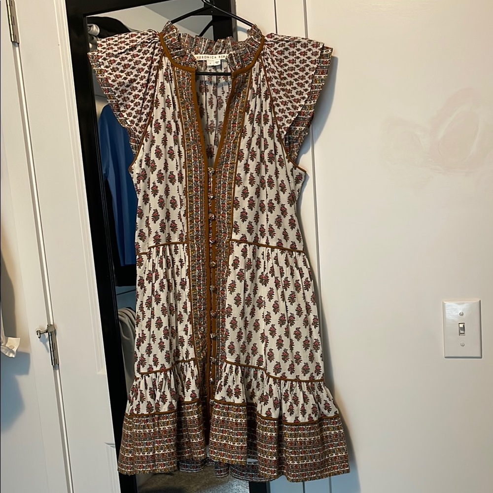 Veronica Beard Brown and White Mini Sundress with Flutter Cap Sleeves
